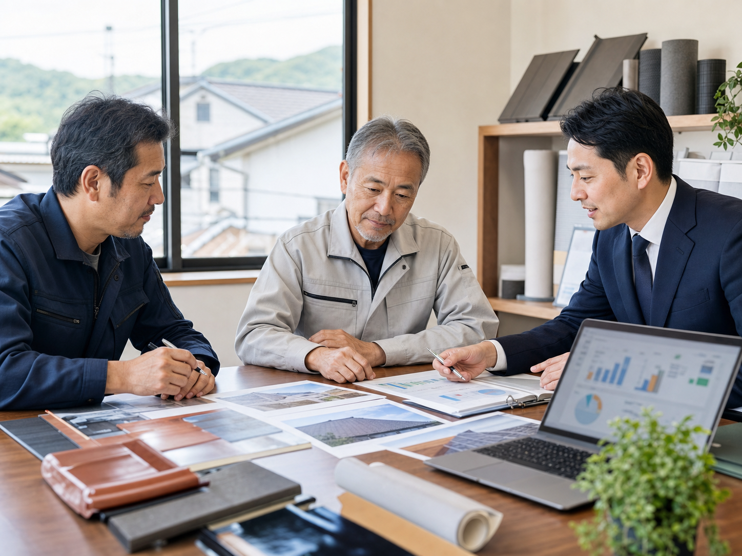 屋根工事会社の後継者問題と譲渡条件を相談する打ち合わせ風景