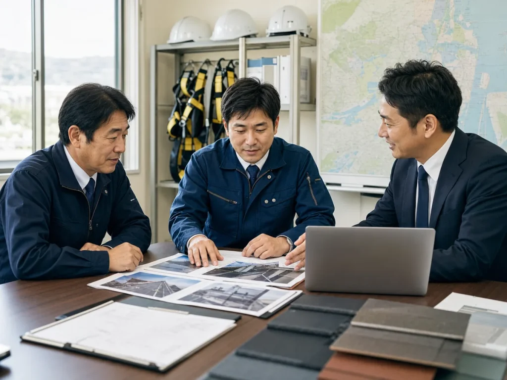 屋根工事会社の承継条件と施工写真を確認する相談風景