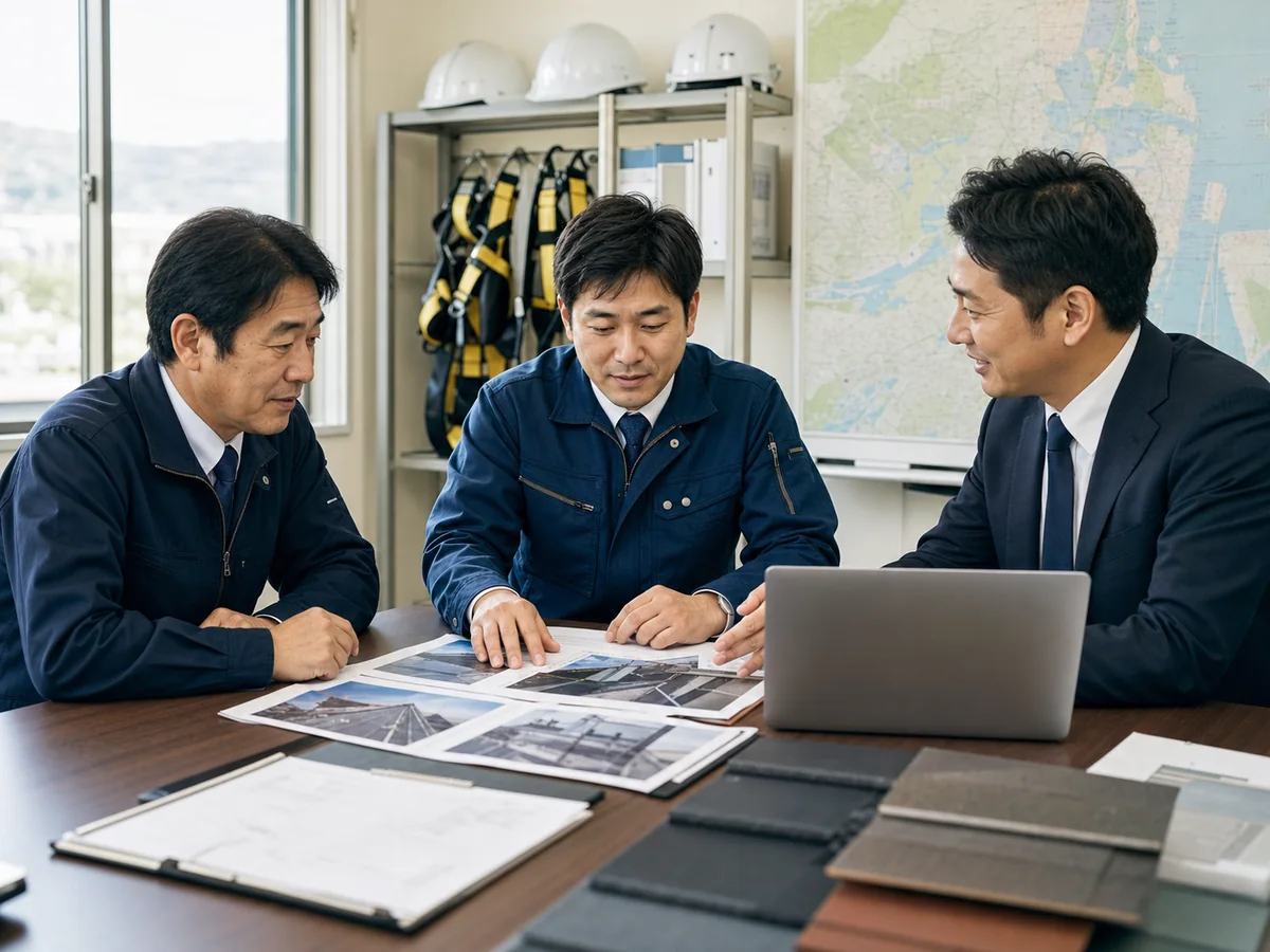 屋根工事会社の承継について職人と経営者が打ち合わせる様子