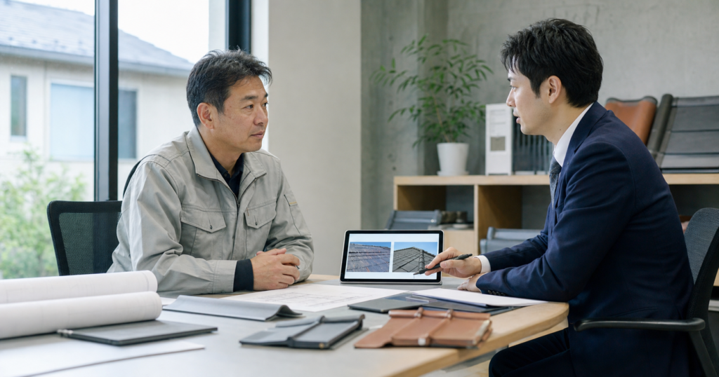 千葉県の屋根修理会社M&Aについて相談する経営者とアドバイザー
