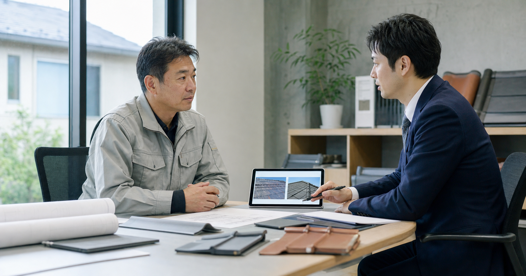 千葉県の屋根修理会社M&Aについて相談する経営者とアドバイザー