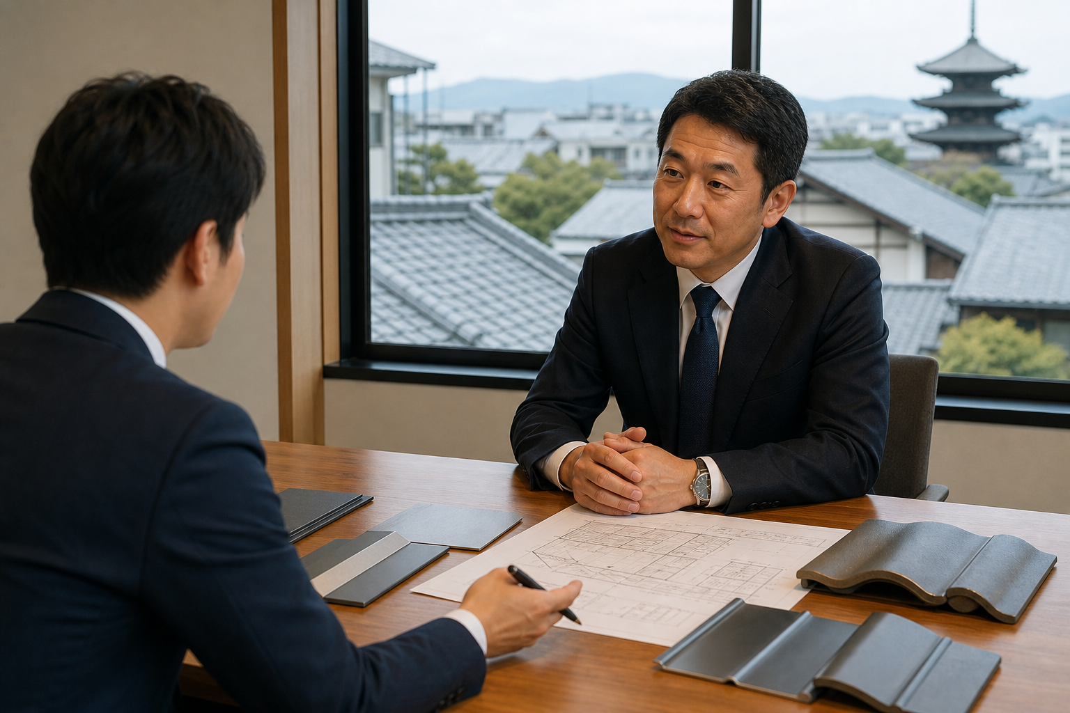 京都府の屋根工事会社M&Aについて相談する経営者とアドバイザー