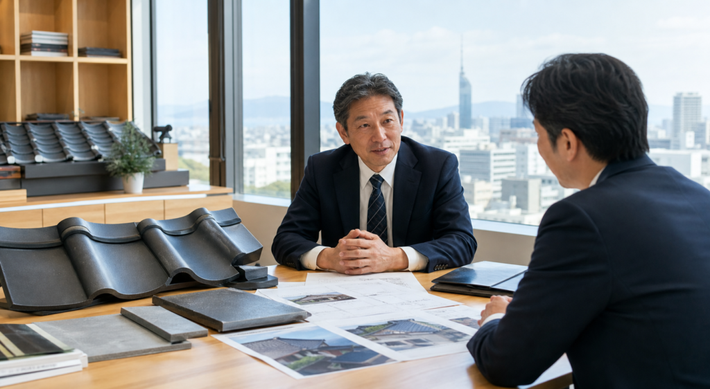 福岡県の瓦工事会社M&Aについて相談する経営者とアドバイザー