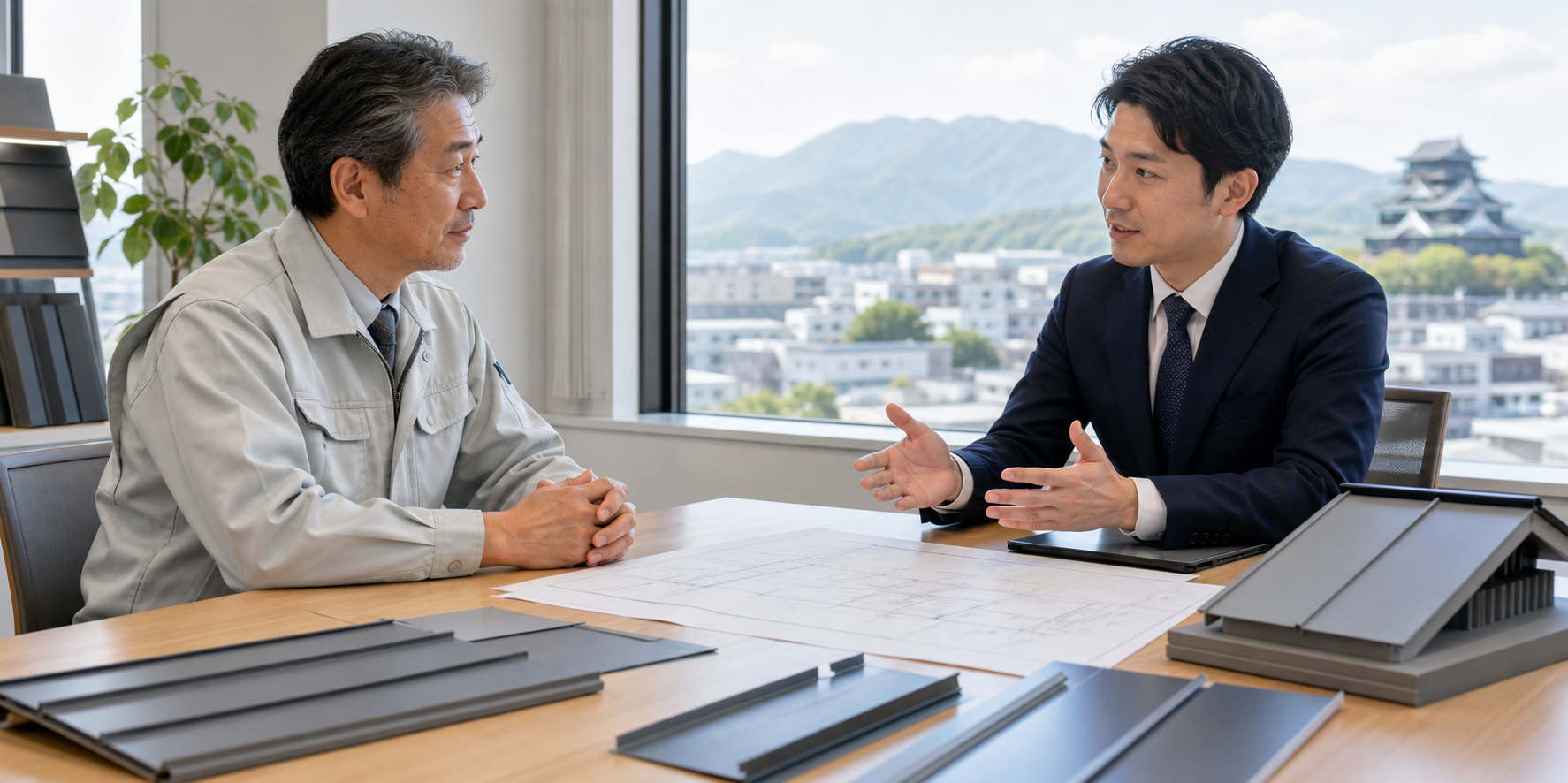 熊本県の板金工事会社M&Aについて相談する経営者とアドバイザー