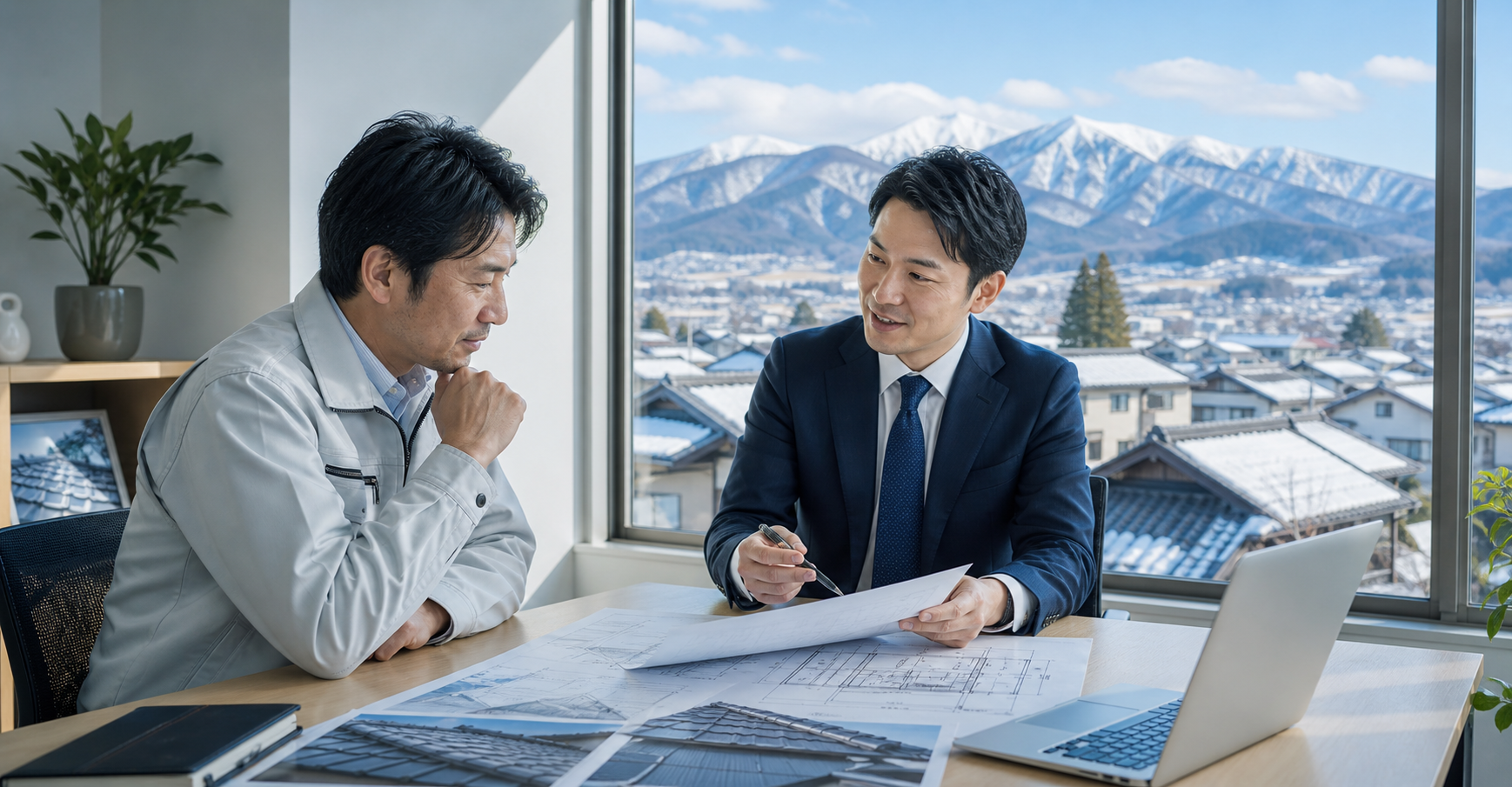 長野県の屋根修理会社M&Aについて相談する経営者とアドバイザー