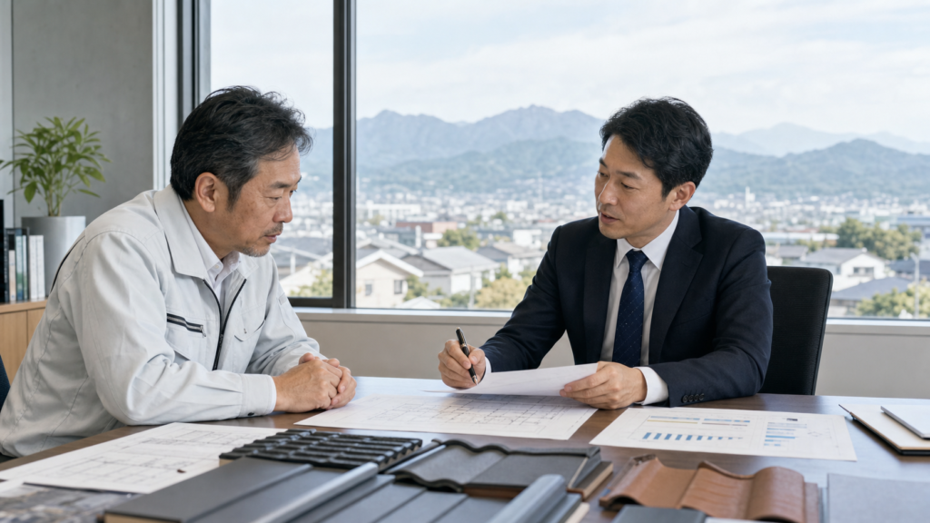 群馬県の屋根工事会社M&Aについて相談する経営者とアドバイザー