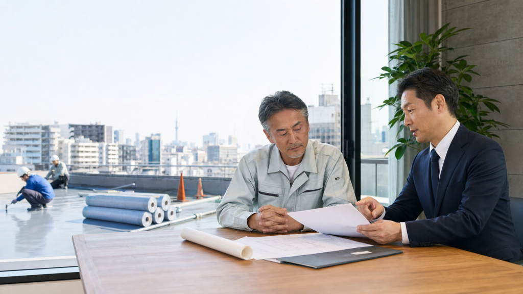 東京都の防水工事会社M&Aについて相談する経営者とアドバイザー