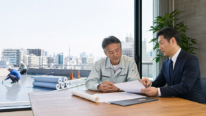 東京都の防水工事会社M&Aについて相談する経営者とアドバイザー