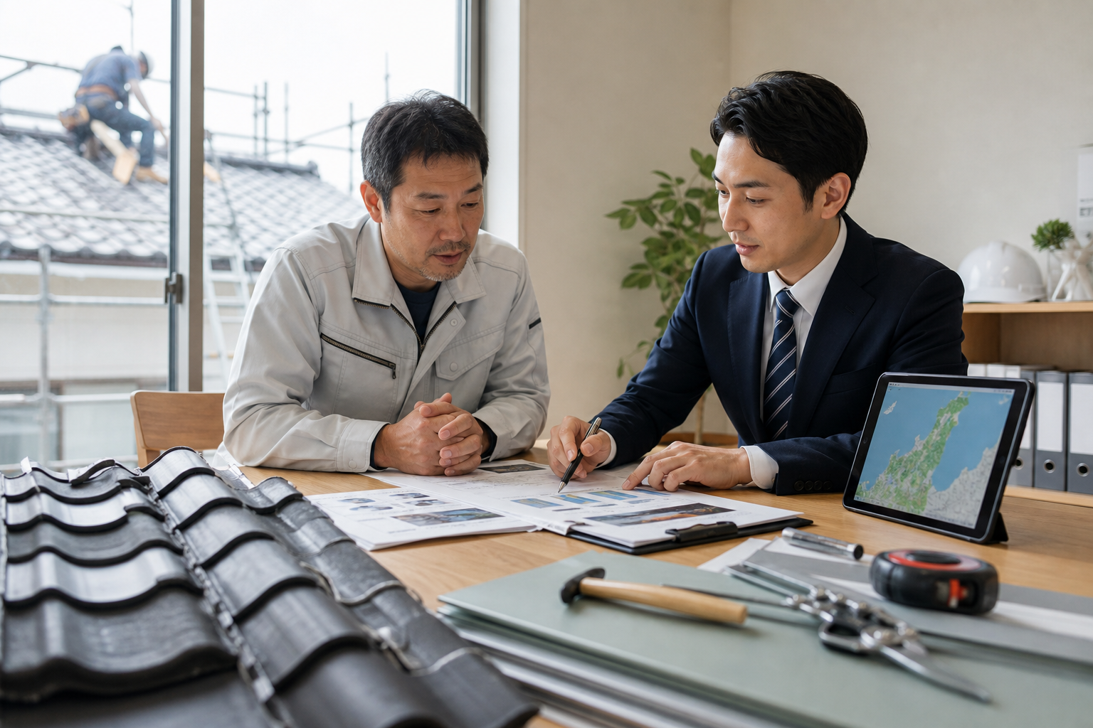石川県の屋根修理会社M&Aについて相談する経営者とアドバイザー