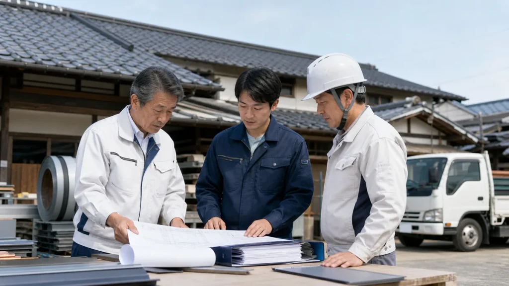 屋根工事会社 事業承継｜屋根工事会社の経営者と後継者が事業承継計画と施工台帳を確認する様子