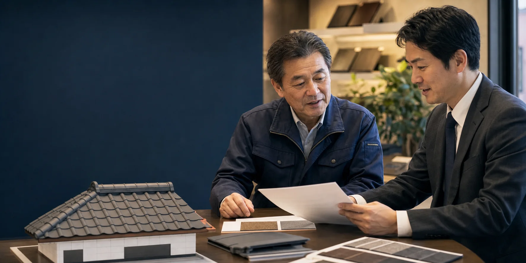 屋根会社の事業承継について話し合う経営者とM&Aアドバイザー
