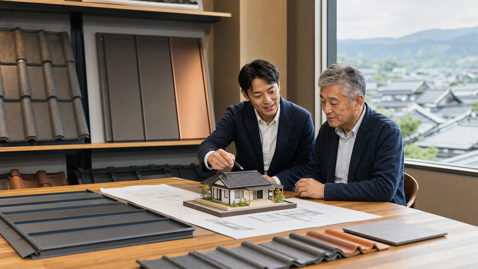 屋根材と設計図を囲み屋根工事会社の事業承継を話し合う経営者と承継候補者
