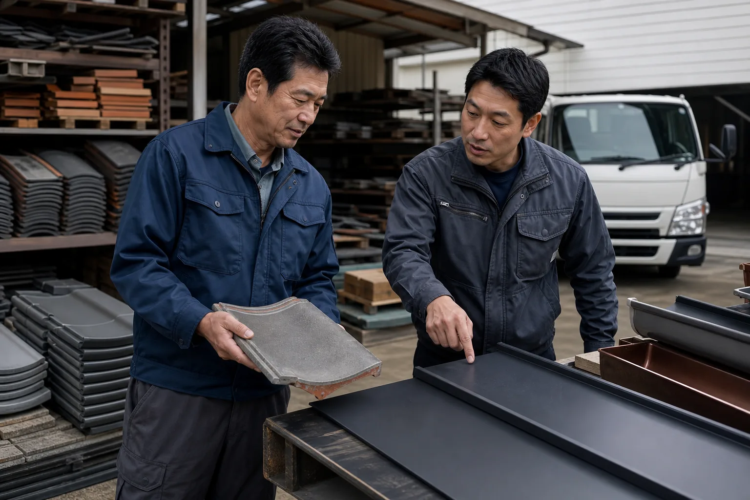 瓦と金属屋根材を前に施工資材について話す屋根会社と取引先の担当者