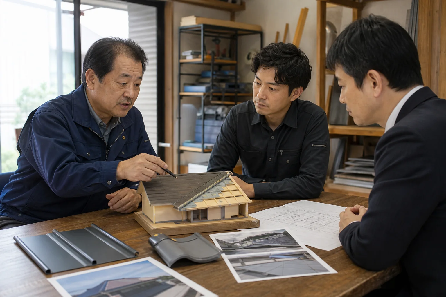 屋根模型を囲んで技術承継を話し合う経営者・後継者・M&Aアドバイザー